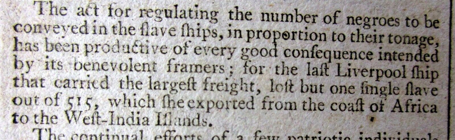 1791 newspaper w NEGR0 SLAVES conveyed on SLAVE SHIPS during THE MIDDLE PASSAGE