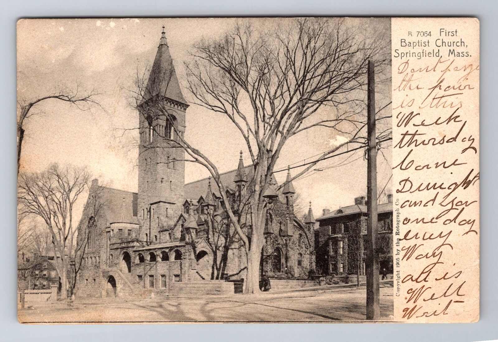 Springfield MA-Massachusetts, First Baptist Church, Antique Vintage Postcard