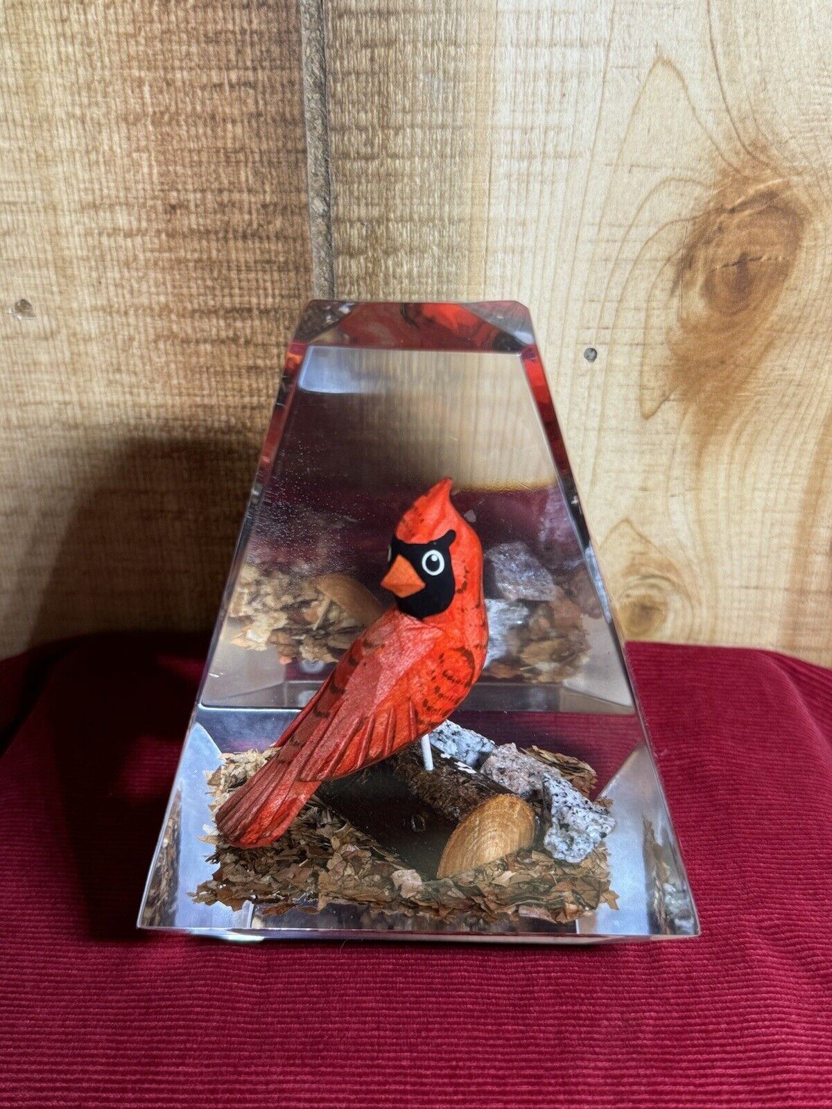 Lucite Cardinal Pyramid Shaped Paperweight