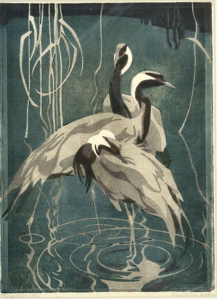 Cranes  [linocut]  : Norbertine Bresslern-Roth : 1922 : Art Print to Frame