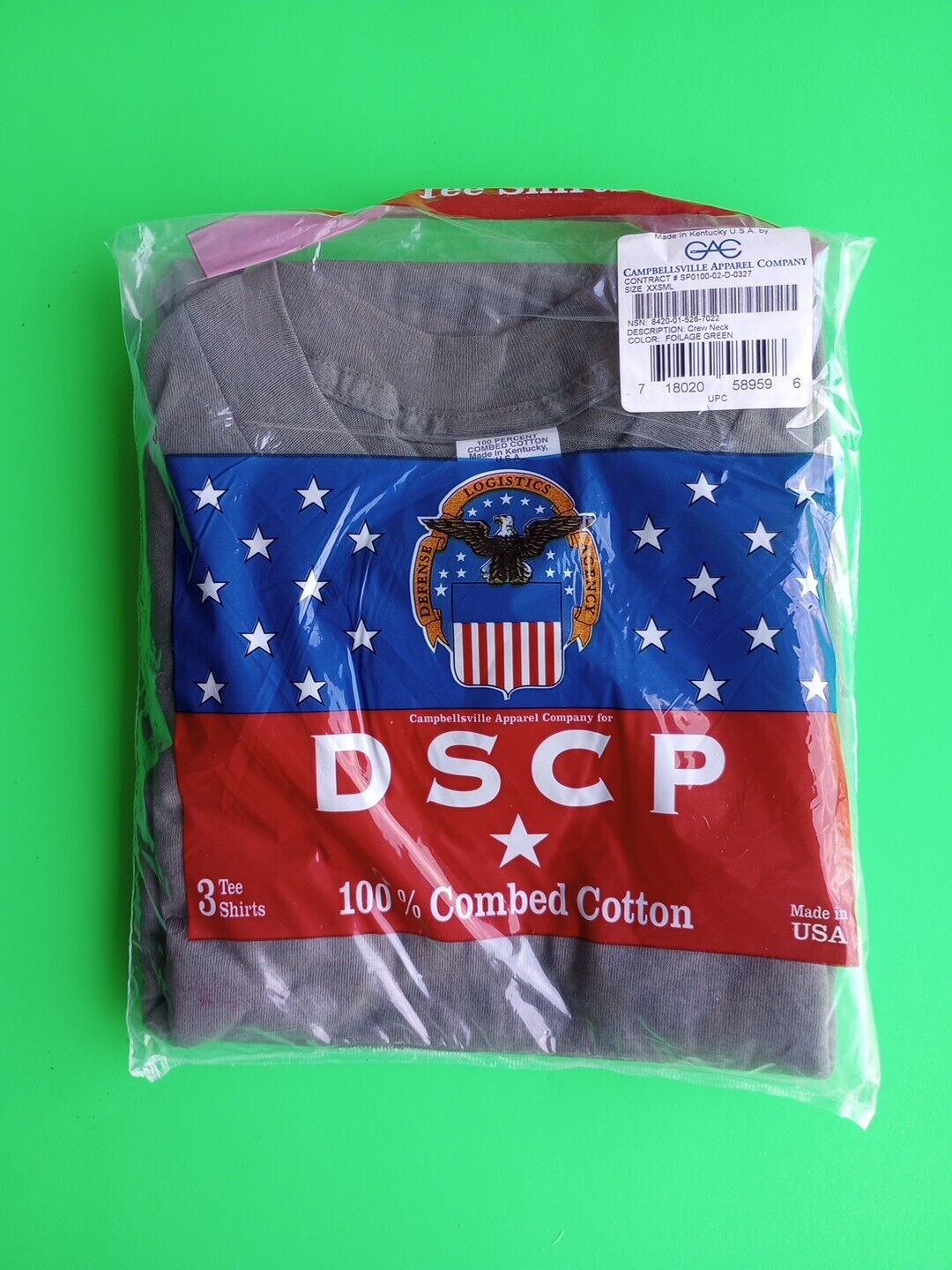 DSCP Pack of 3 T SHIRTS,100% COTTON, FOLIAGE GREEN, USA GENUINE DSCP XX SMALL