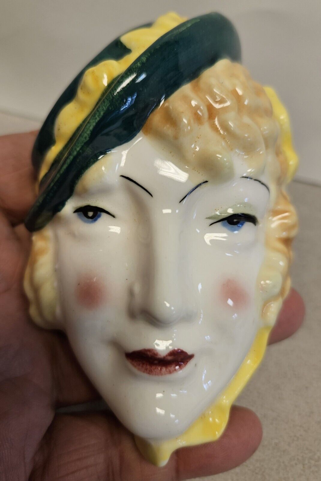 Vintage 1940s ART DECO Lady with Hat Head Face Porcelain Wall Plaque Pre WWII