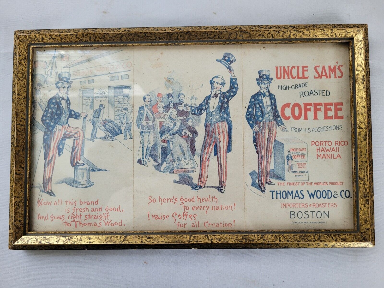 Early Uncle Sam\'s Roasted Coffee Framed Paper Advertisement Thomas Wood Co