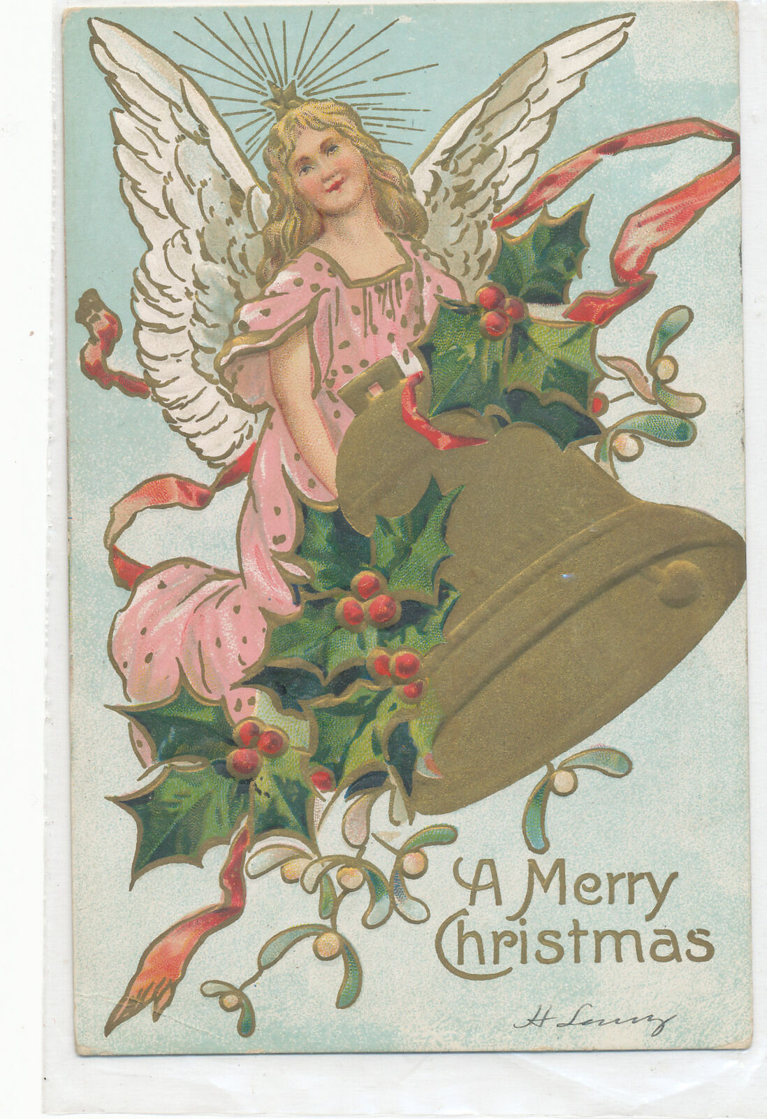 Christmas Postcard - Angel Holding a Large Gold Bell w/ Holly used 1908