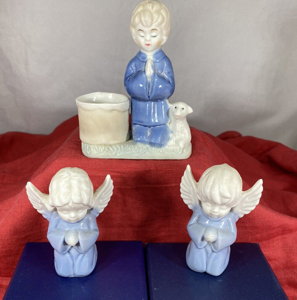 VTG LEFTON GIRL & BOY ANGEL Kneeling Praying Blue & White porcelain figurine + 1