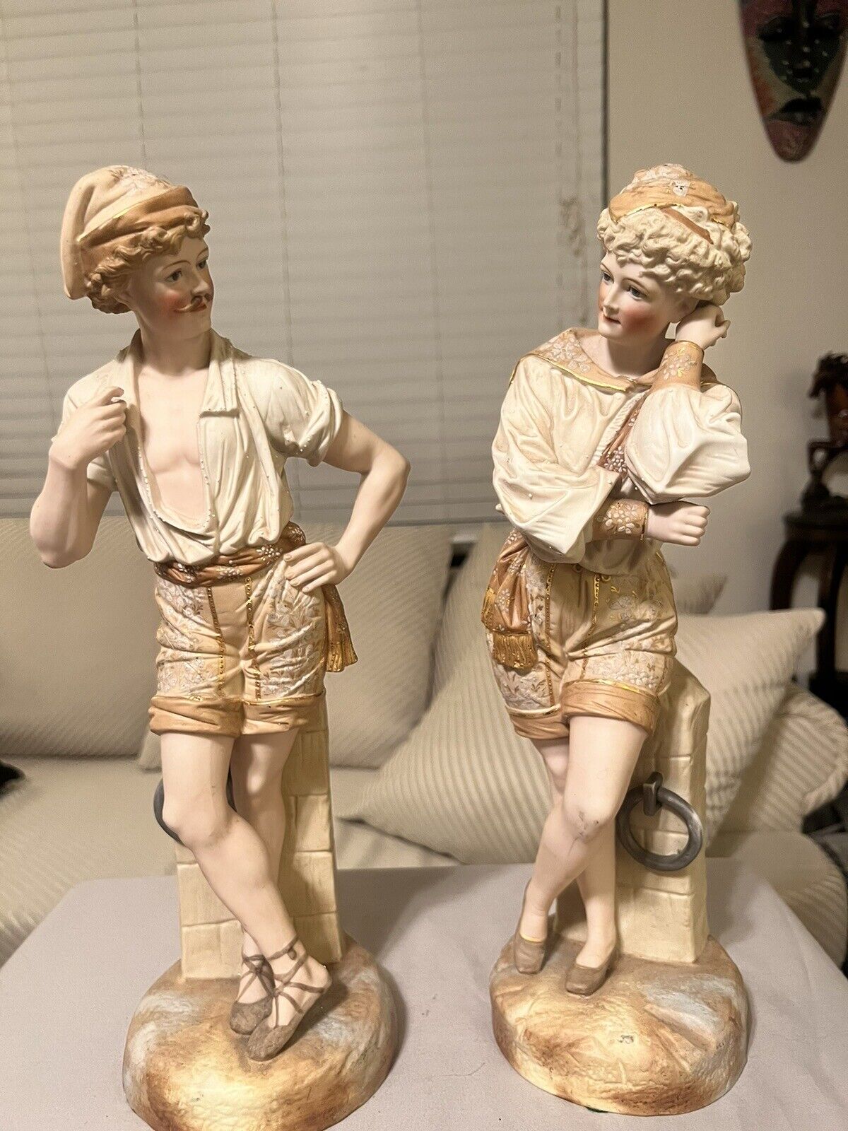 German Scheibe Alsbach Antique Pair Of Bisque Figurines Of Boat People Rare 16”