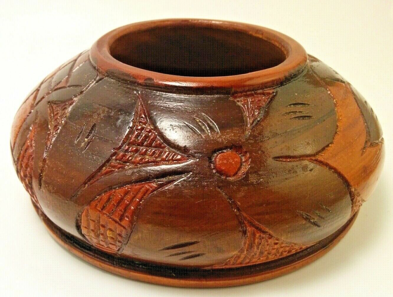 Vintage Solid Wood Hand Turned Carved Bowl Floral Design