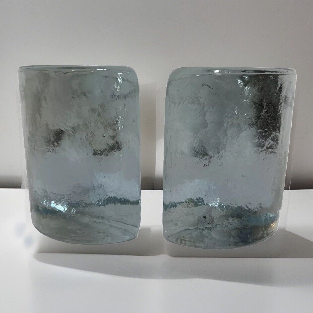 Beautiful Blenko Art Glass Half Moon Bookends Clear/Icy Blue Tint Wayne Husted