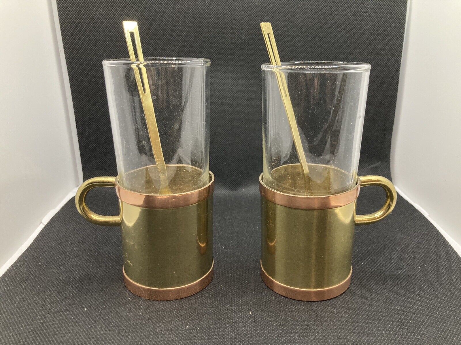Beucler Vintage 1970 Set Of 2 Solid Copper & Brass European Style Mugs 8oz 