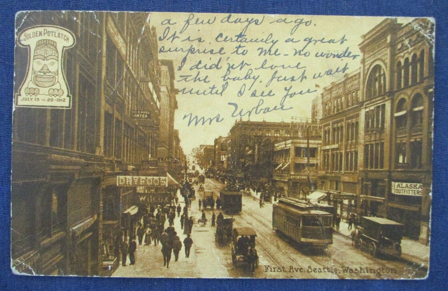 Seattle Washington Street Scene & Trolley 1912 Potlatch Postcard & 1913 Cancel