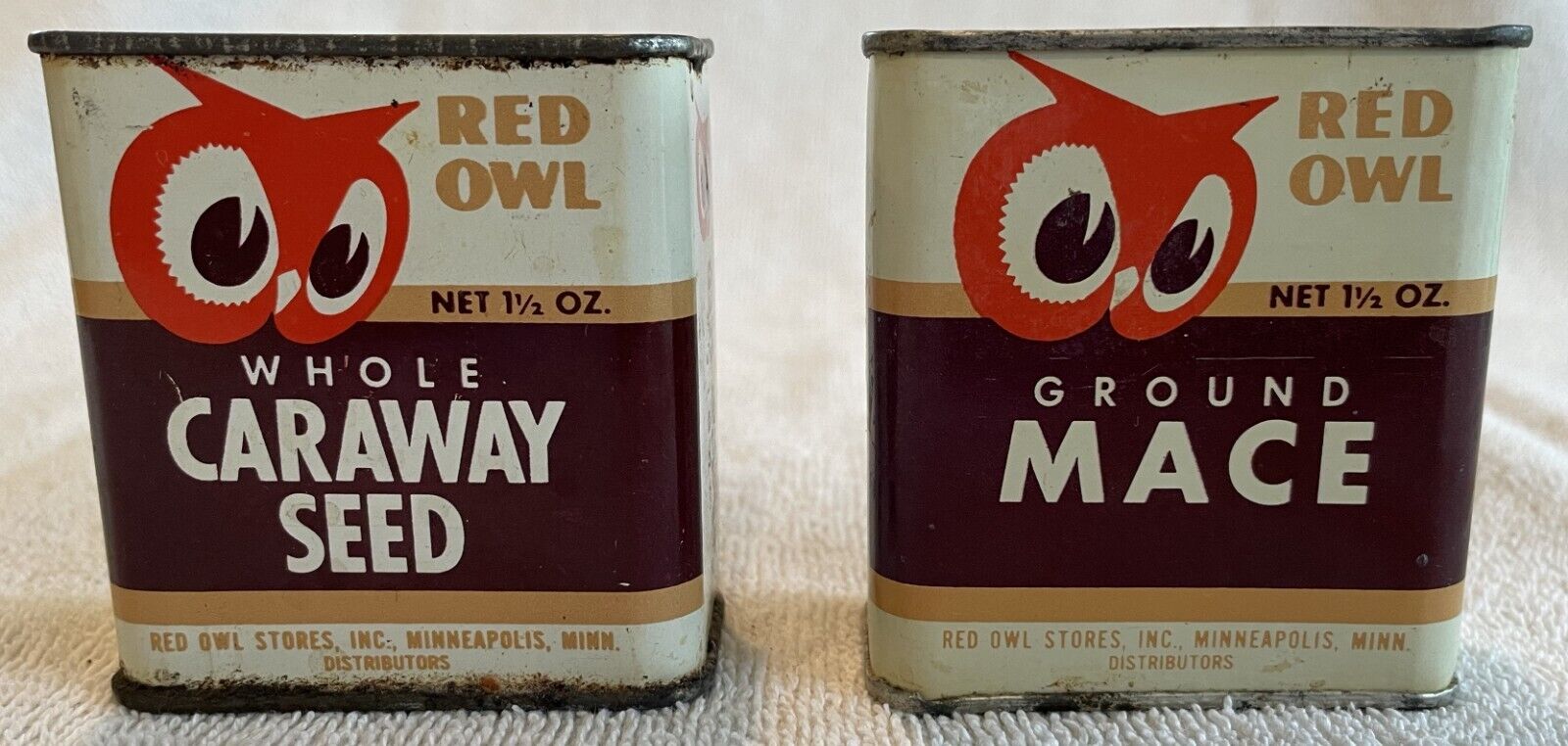 Vintage Lot of Two Red Owl Spice Tins - Caraway Seed and Ground Mace