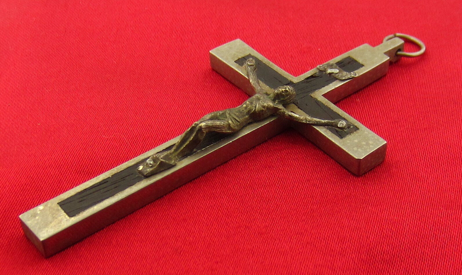 Vintage INLAID WOOD Crucifix Pendant Religious Large PECTORAL CROSS Italy 3.5