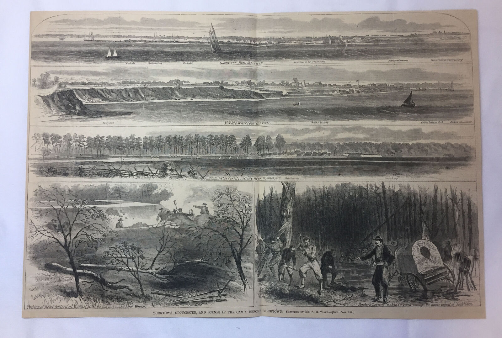 1862 magazine engraving~14x21~YORKTOWN, GLOUCESTER, SCENES IN CAMPS Civil War