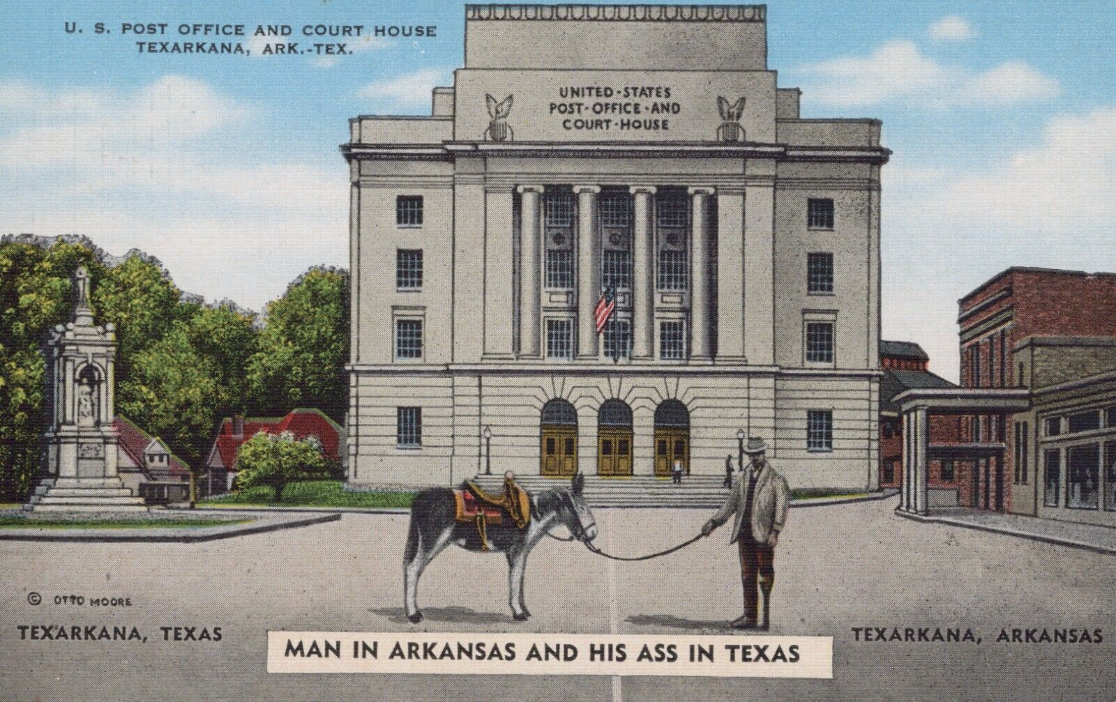 U.S. Post Office Texarkana Arkansas Man and His Ass Vintage Linen Postcard