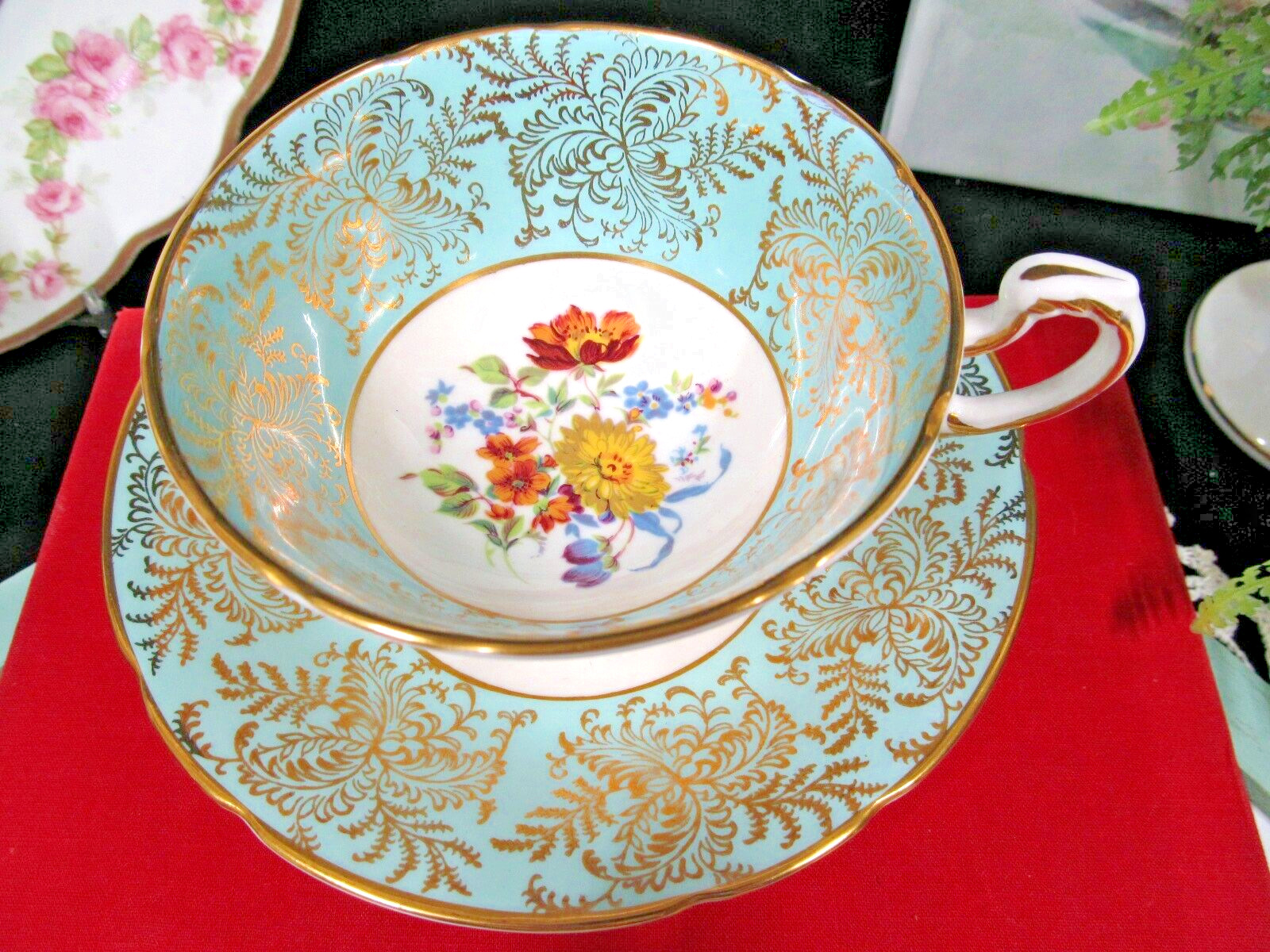 PARAGON tea cup and saucer aqua blue floral rose  teacup England 1950s