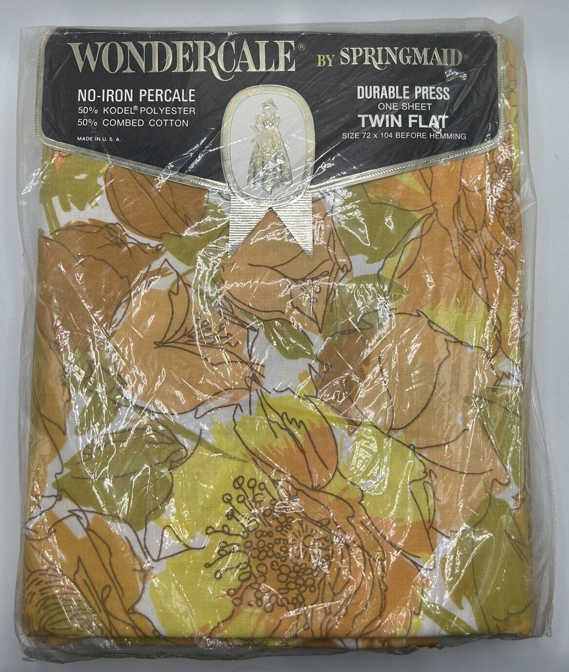 Vtg Wondercale Springmaid Tahitian Rose Twin Flat Sheet Retro 70s Yellow NOS