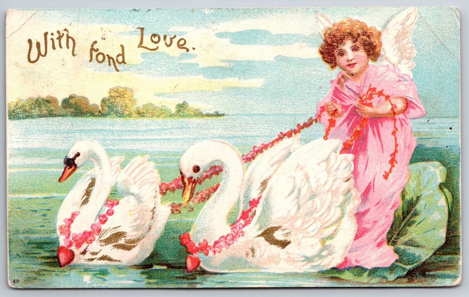 With Fond Love Angel w Swans Ellen Clapsaddle Valentines DB Postcard K7