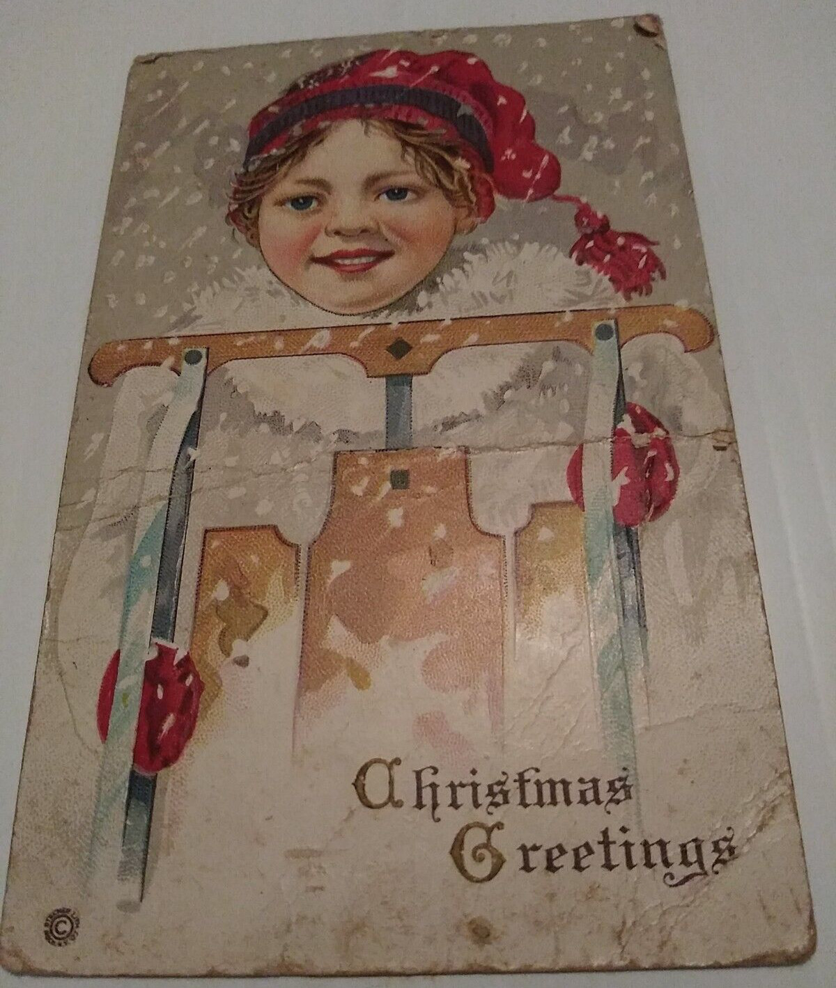 Stecher Postcard Christmas Greeting Girl Sled Vintage 1917 Series 418 Made in US