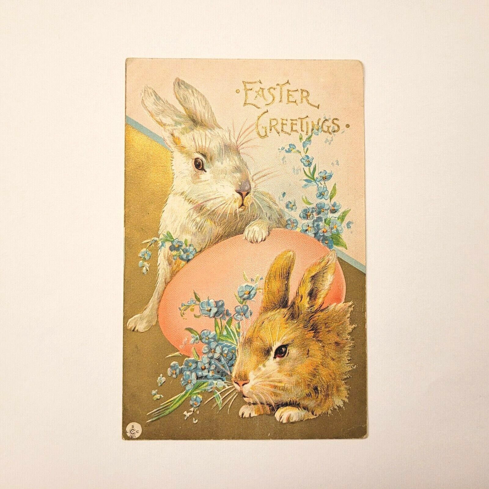 c1911 Antique Easter Postcard LSC Postmarked 1914 Two Bunnies with Egg 