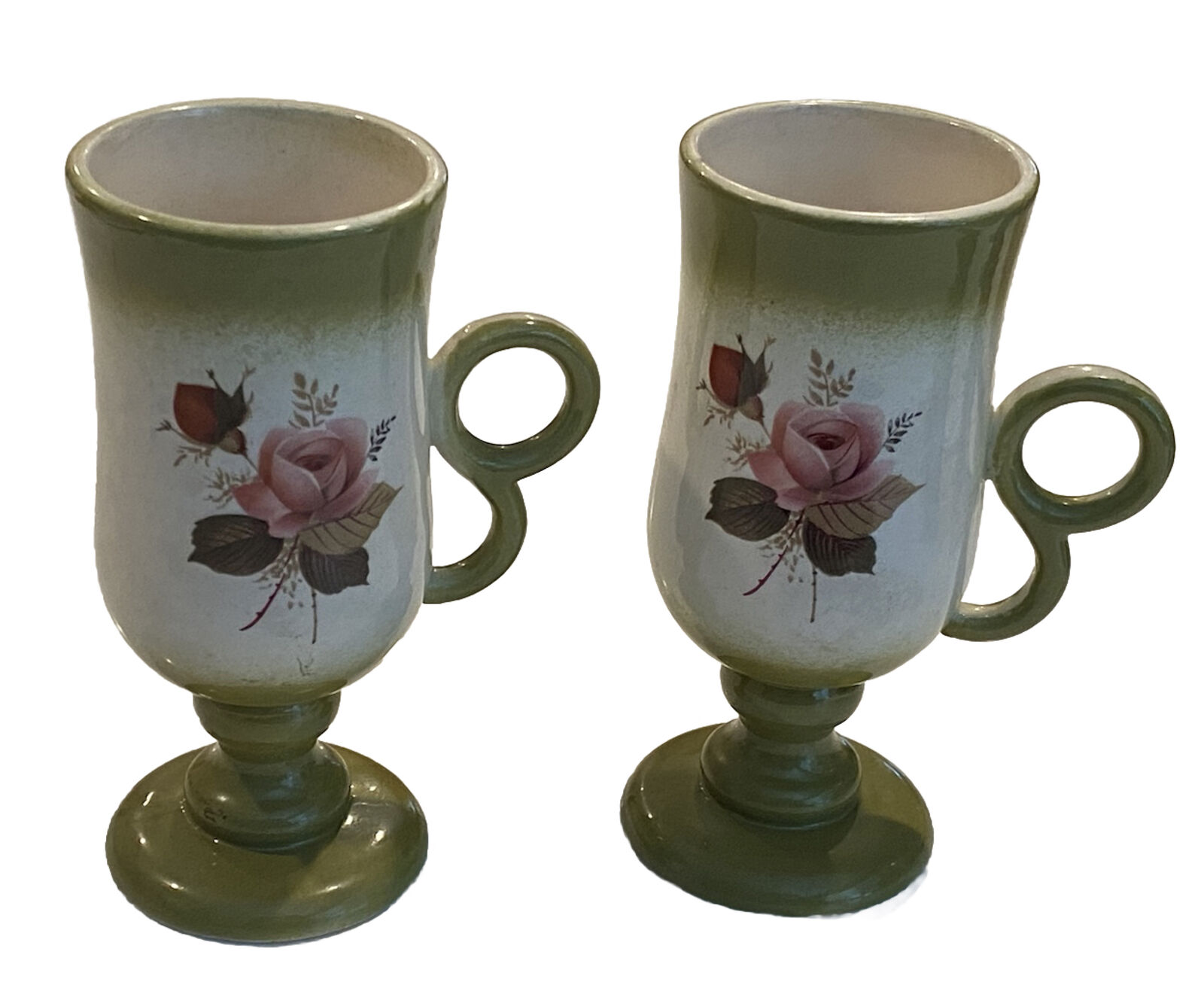 Vtg 2 Pedestal Cups With Roses Green White Signed PR 77 Irish Coffee Cup