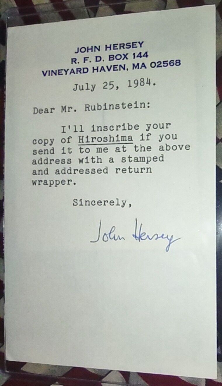 TLS SIGNED BY JOHN HERSEY ABOUT SIGNING OF HIROSHIMA BOOK.  LIFETIME COA.
