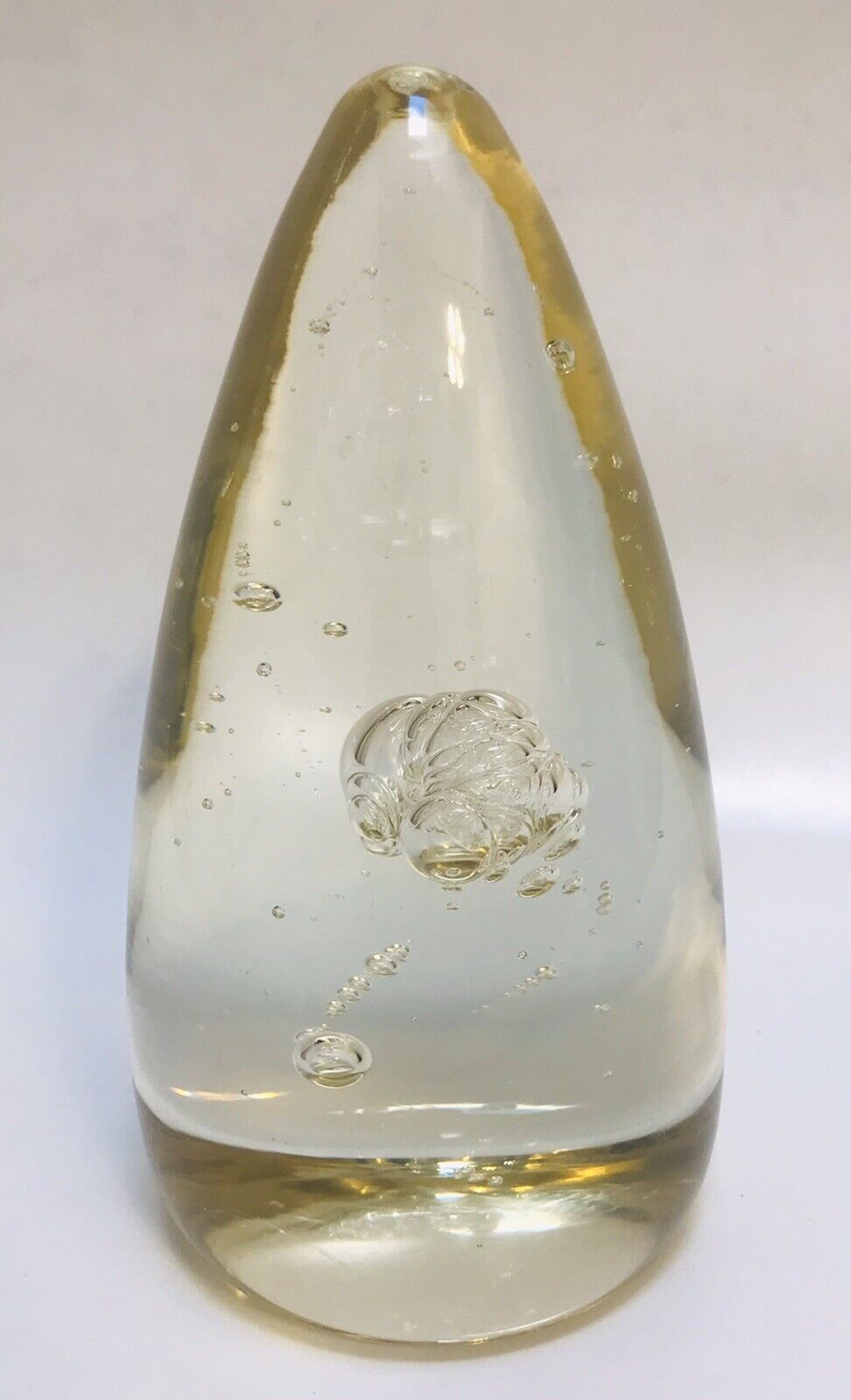 Art Glass Egg Shaped Paper Weight  Clear With Bubbles Inside 5.5”
