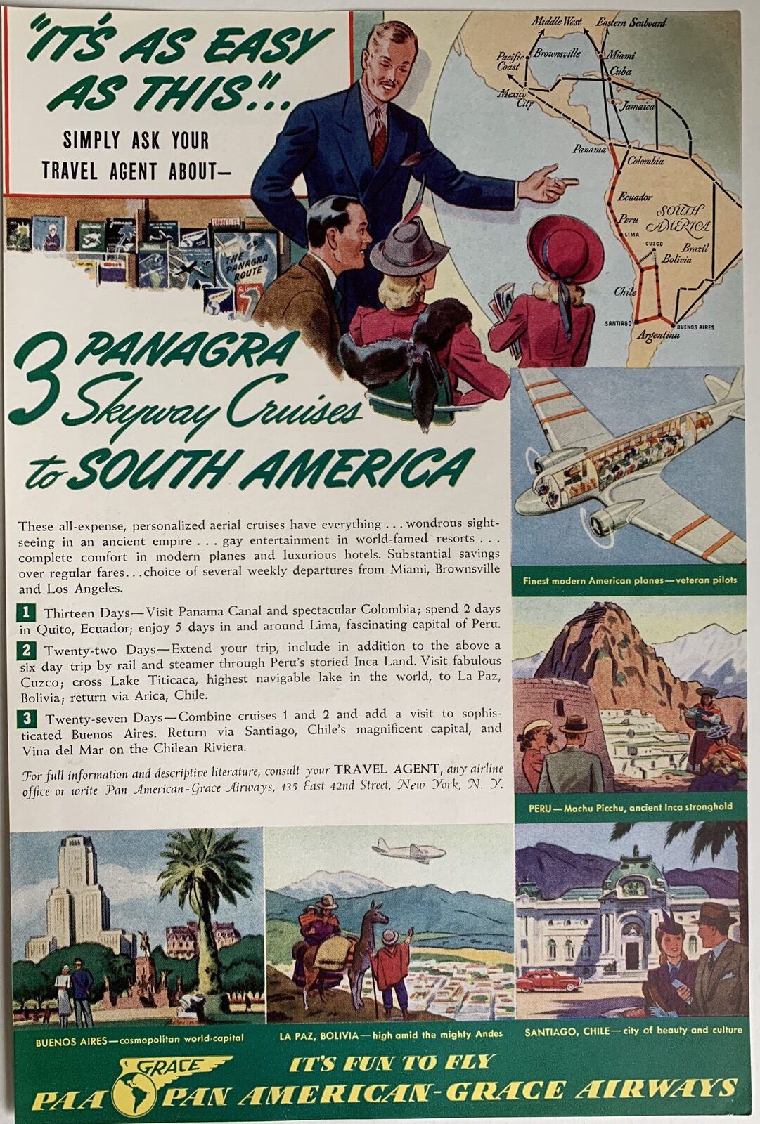 Vintage 1940s Pan American-Grace Airways Travel Ad