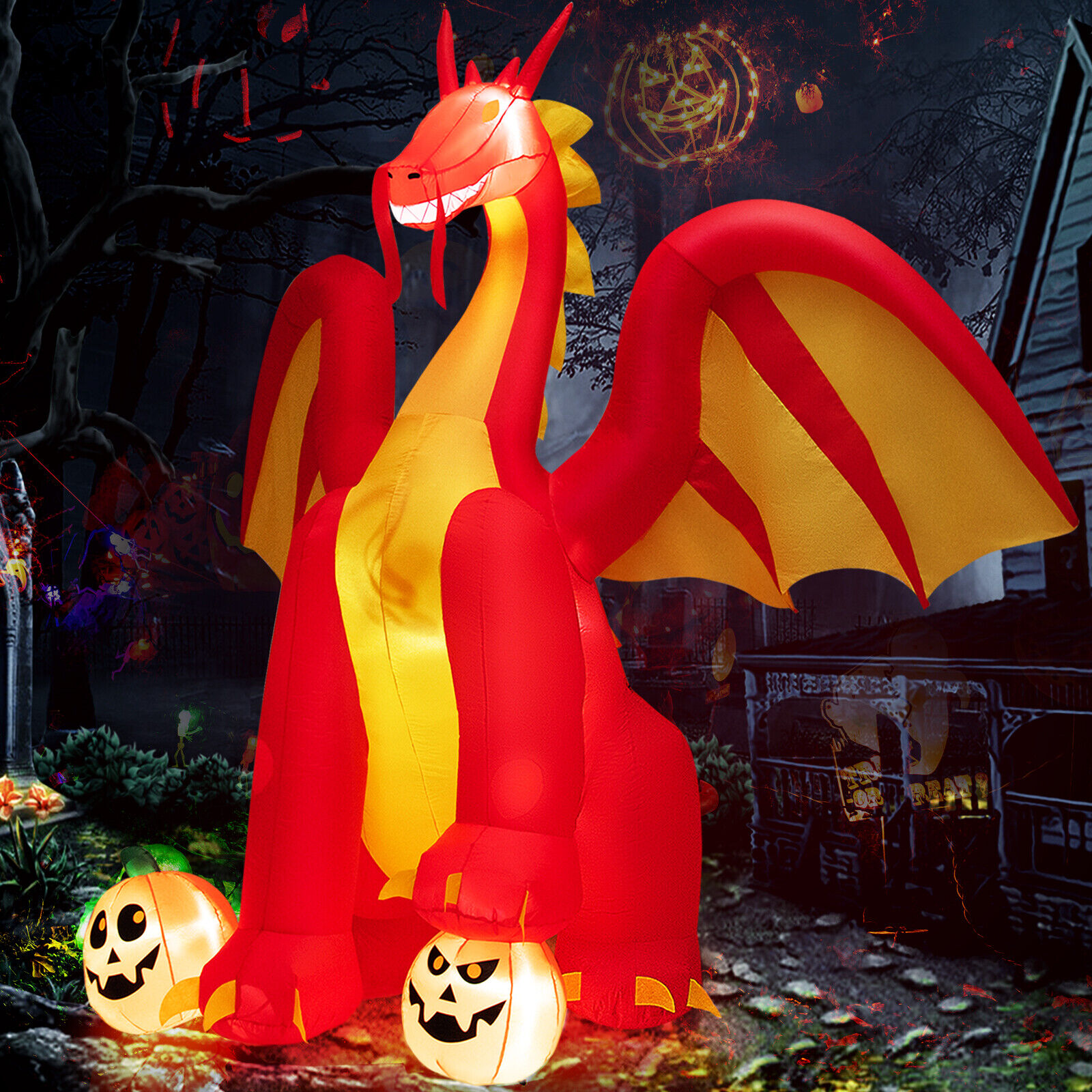 10 FT Inflatable Giant Animated Fire Dragon Outdoor Halloween Decor w/Lights