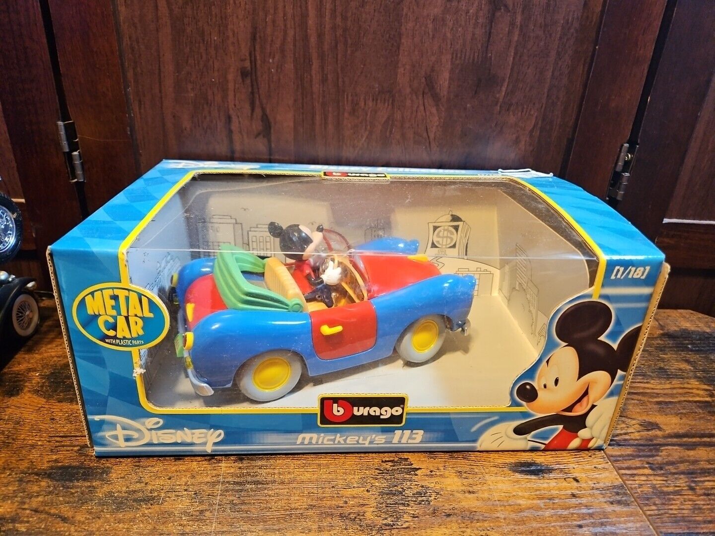 NIB Burago 1:18 Disney Mickey Mouse Metal Red & Blue Car Mickey’s 113 Open Box 