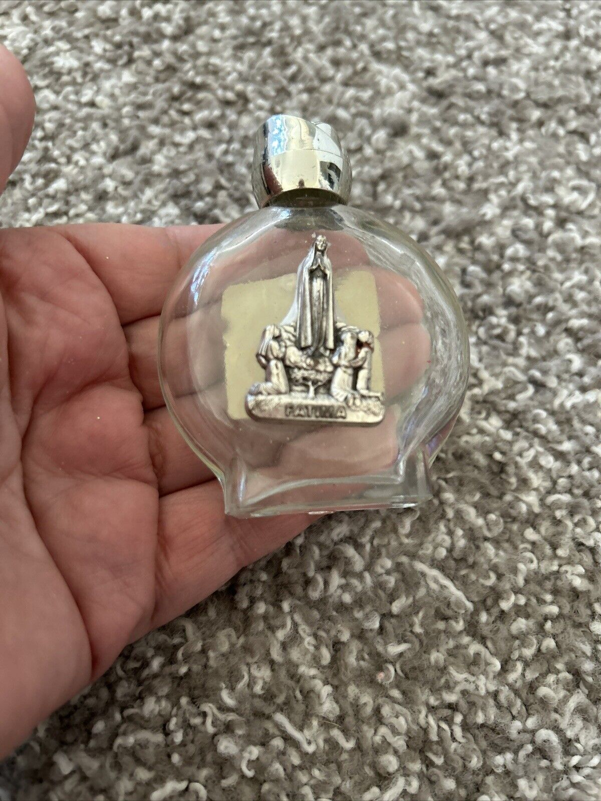 Vintage empty Our Lady of Fatima glass Holy Water bottle