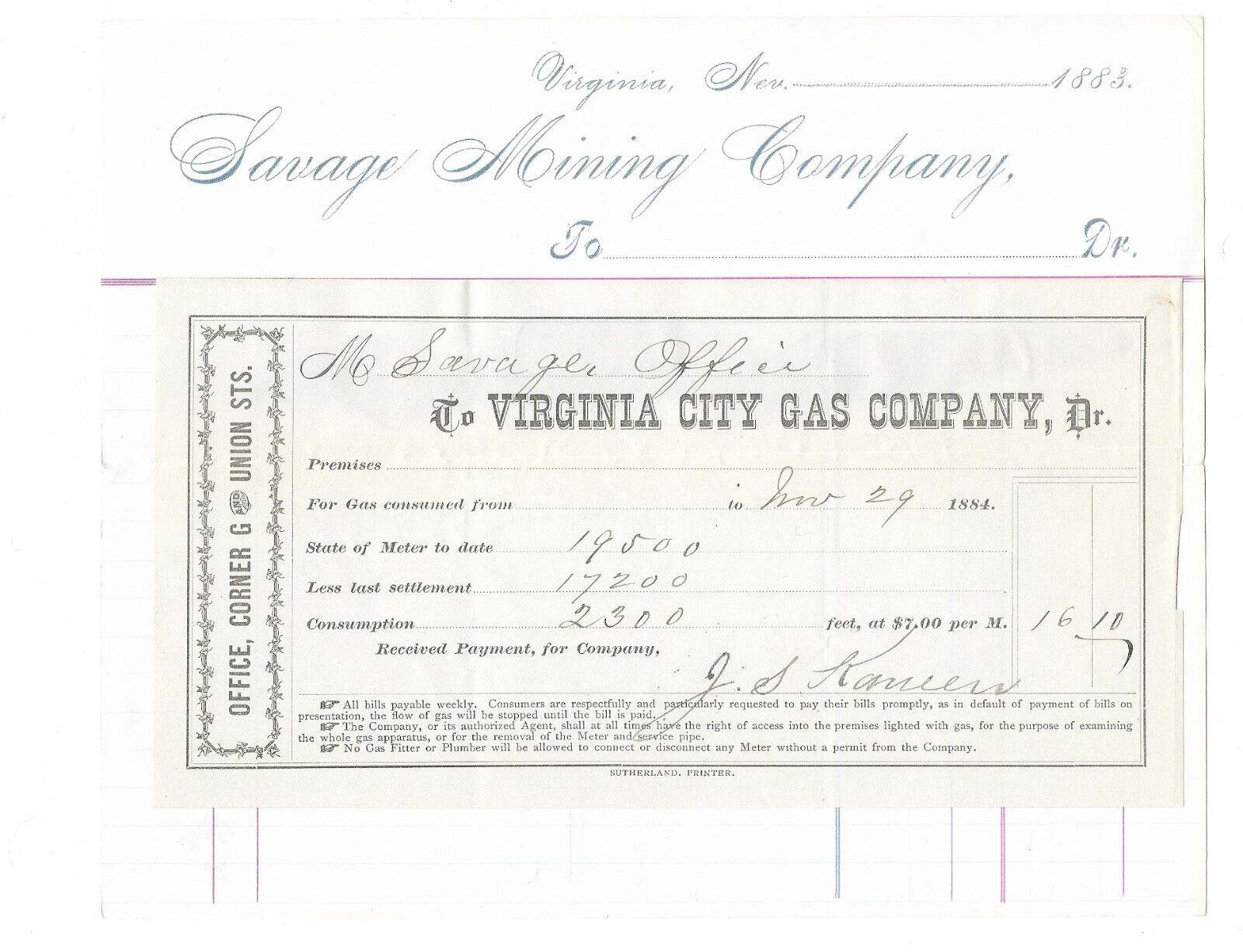 1884 VIRGINIA CITY, NEVADA Billhead: Gas Co. to Savage Mine, Comstock NV