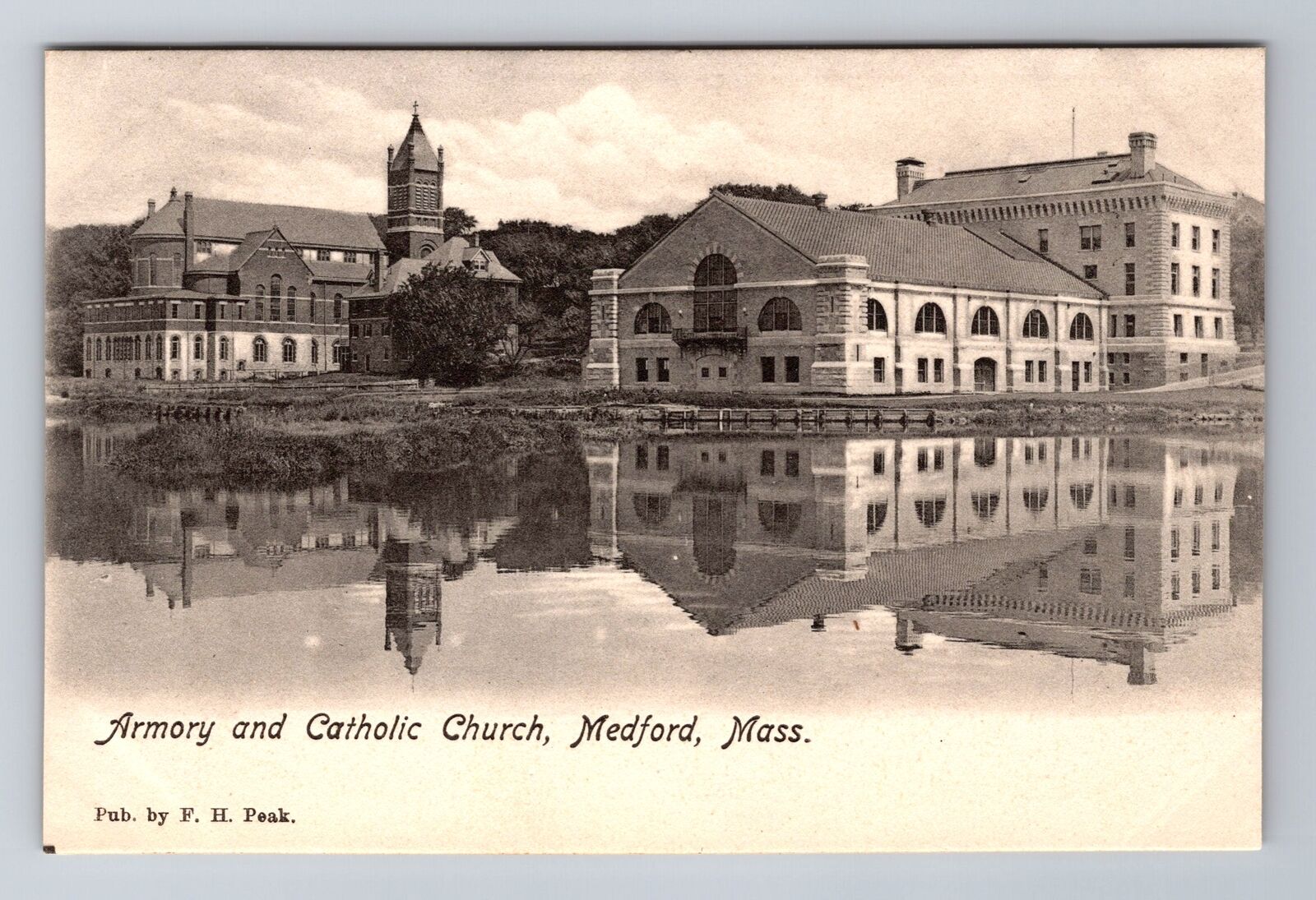 Medford MA-Massachusetts, Armory & Catholic Church, Antique Vintage Postcard
