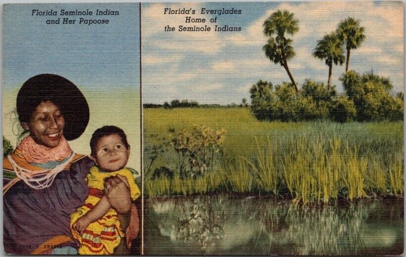 FLORIDA Native Americana Postcard Seminole Indian Woman & Baby / Curteich Linen