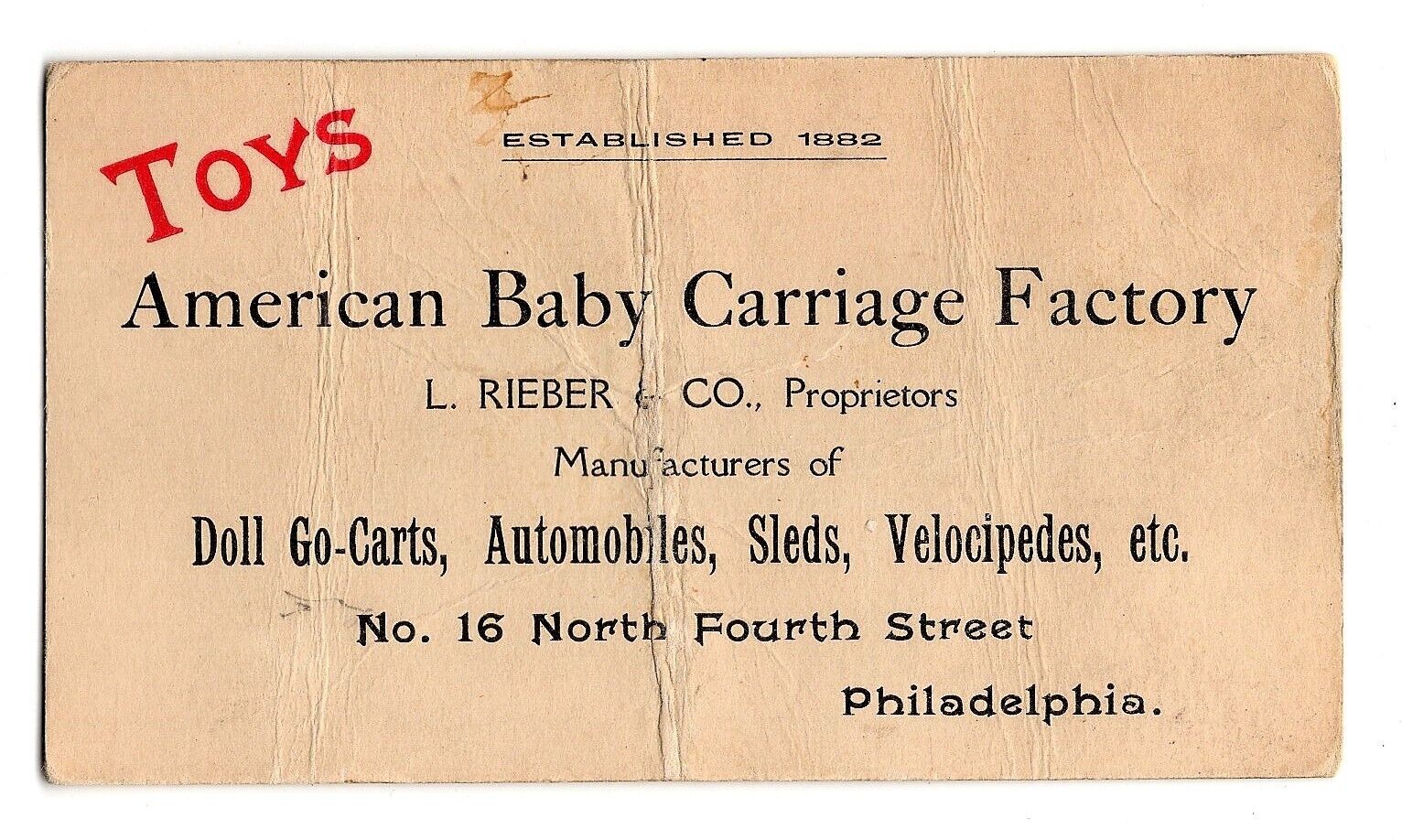 ORIG c1900\'s AMERICAN BABY CARRIAGE FACTORY - TOYS DOLL VELOCIPEDES BUS. CARD