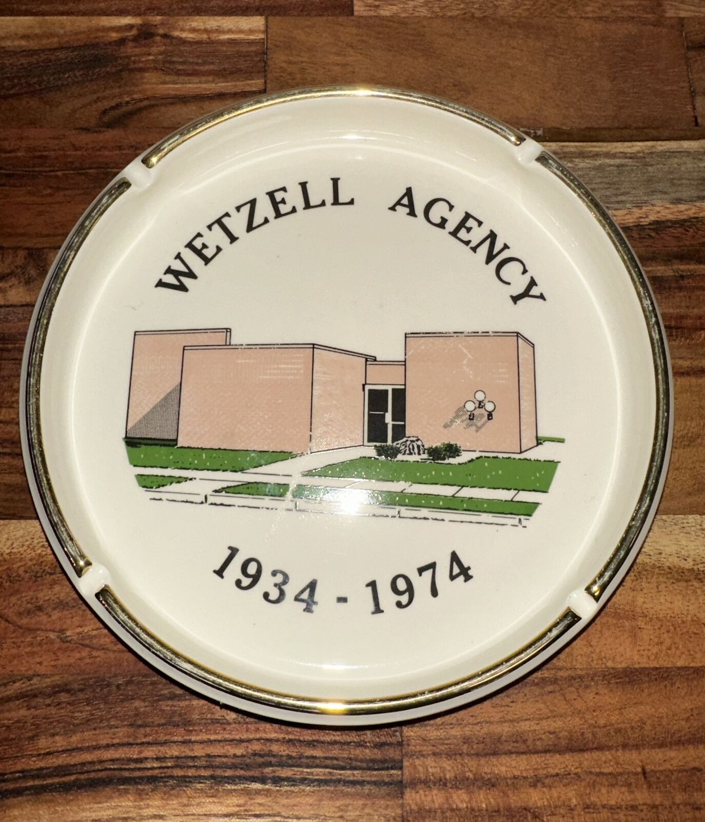 Ashtray Vtg Ceramic Wetzel Agency 1934-1974 White 7” Gold Trim Advertising