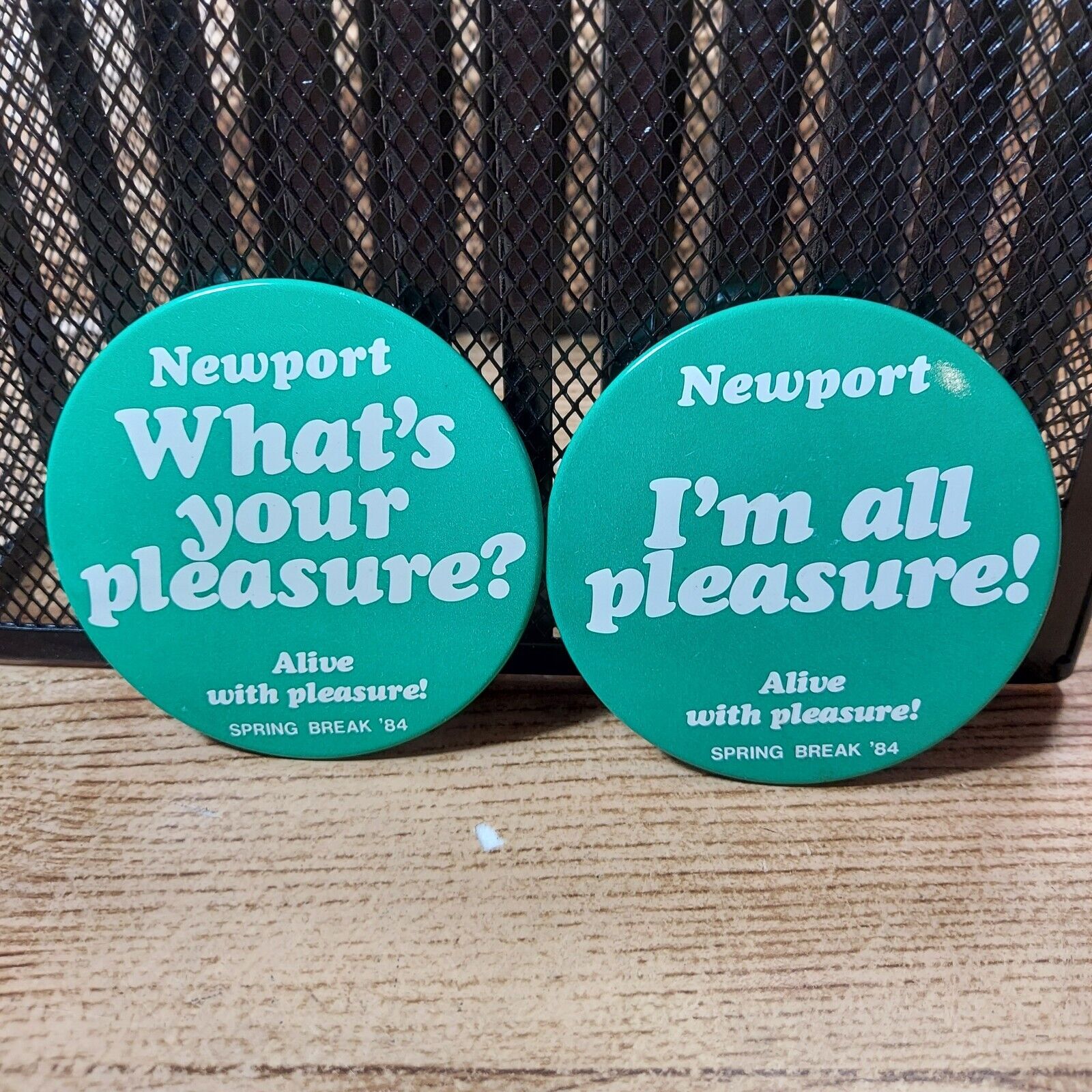 Newport What's Your Pleasure? I'm All Pleasure Pin Button Pinback Lot Of 2 1984