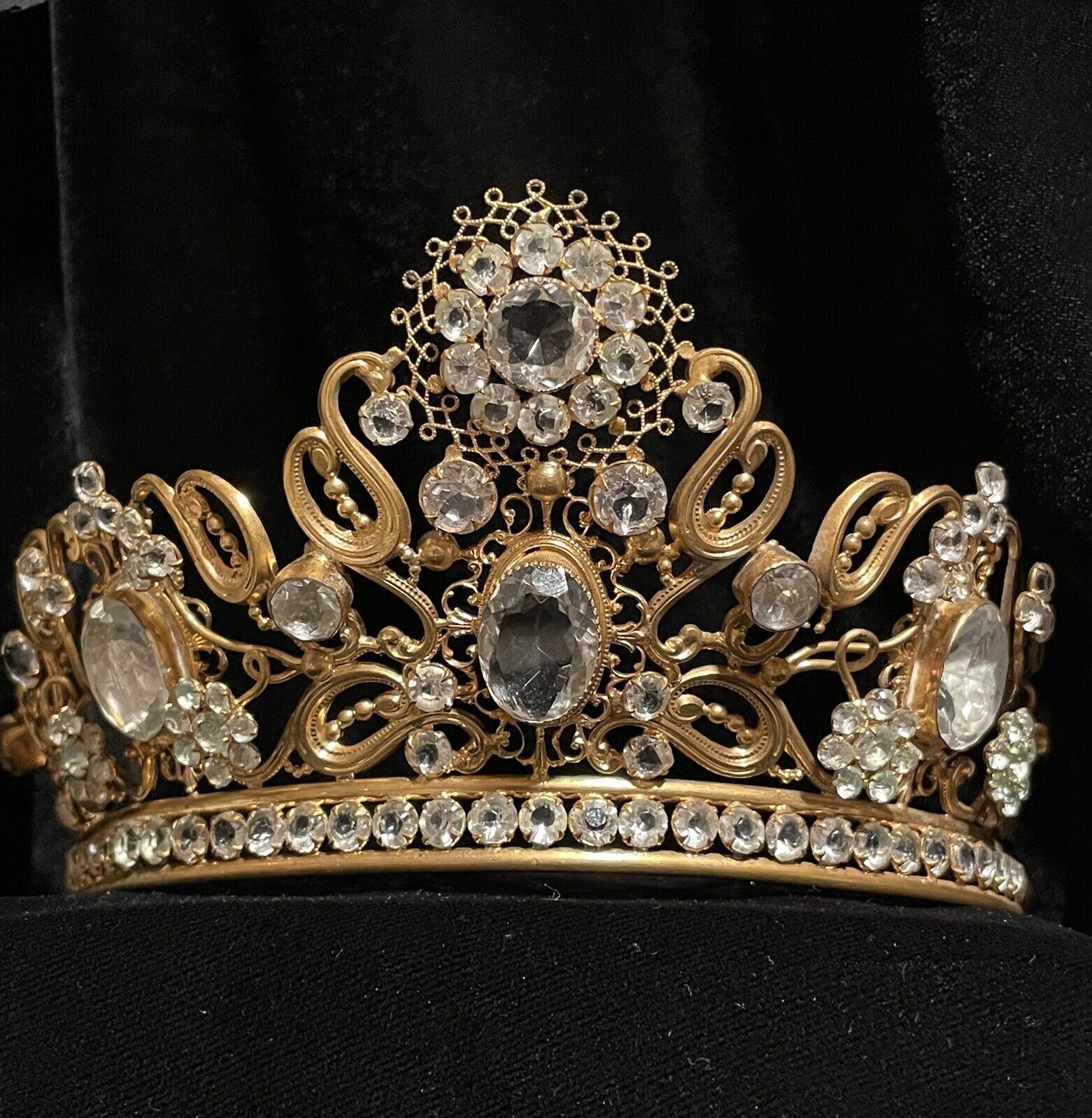Antique Large French Religious Bejeweled Brass Tiara Crown