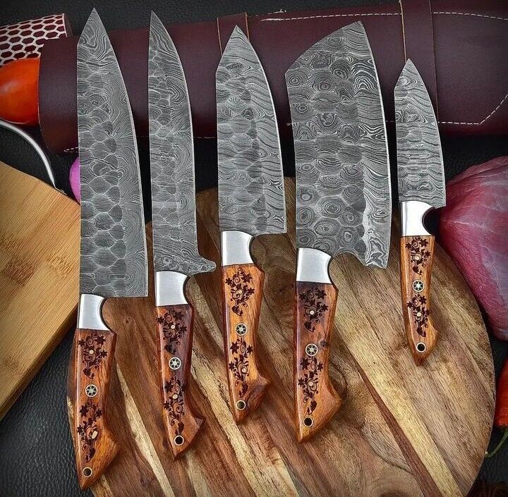 Handmade Damascus steel Knives set Engraved Wooden Handle Fantasy Knives set