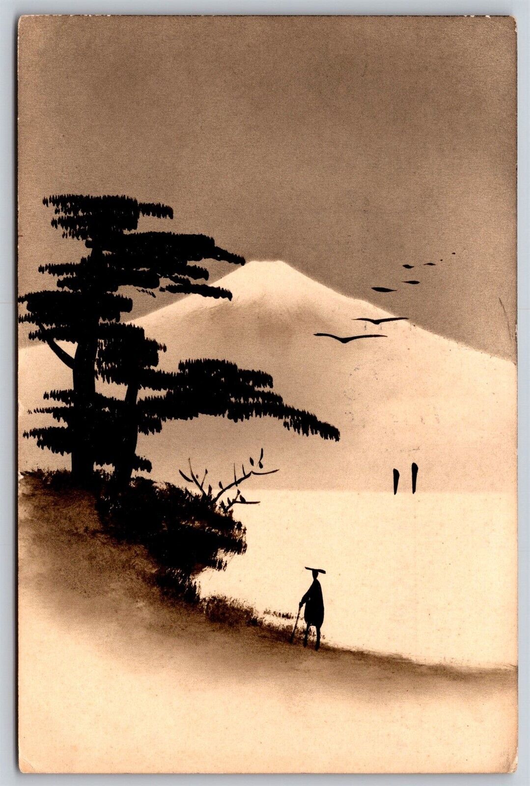 Postcard Hand Painted Japanese Scene Mt Fuji 1910 U101