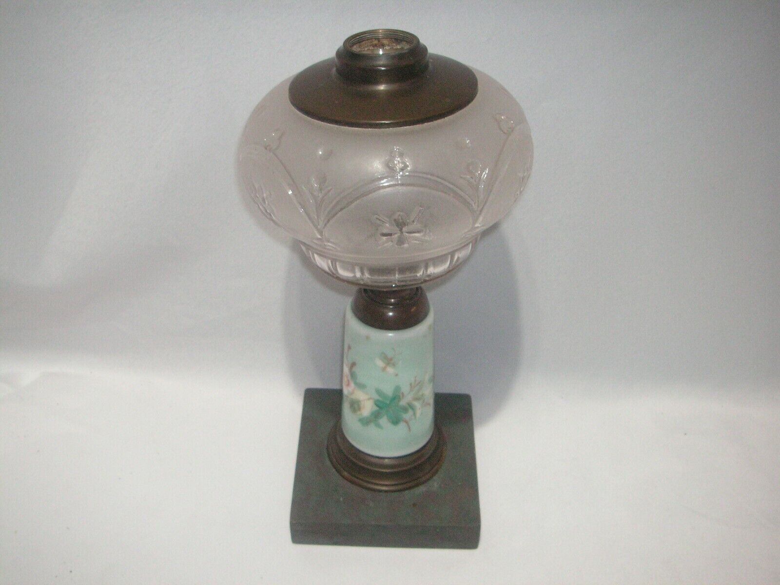 ANTIQUE 1890\'S COMPOSITE KEROSENE LAMP, PAINTED STEM, UNUSUAL MARBLE/STONE B ASE