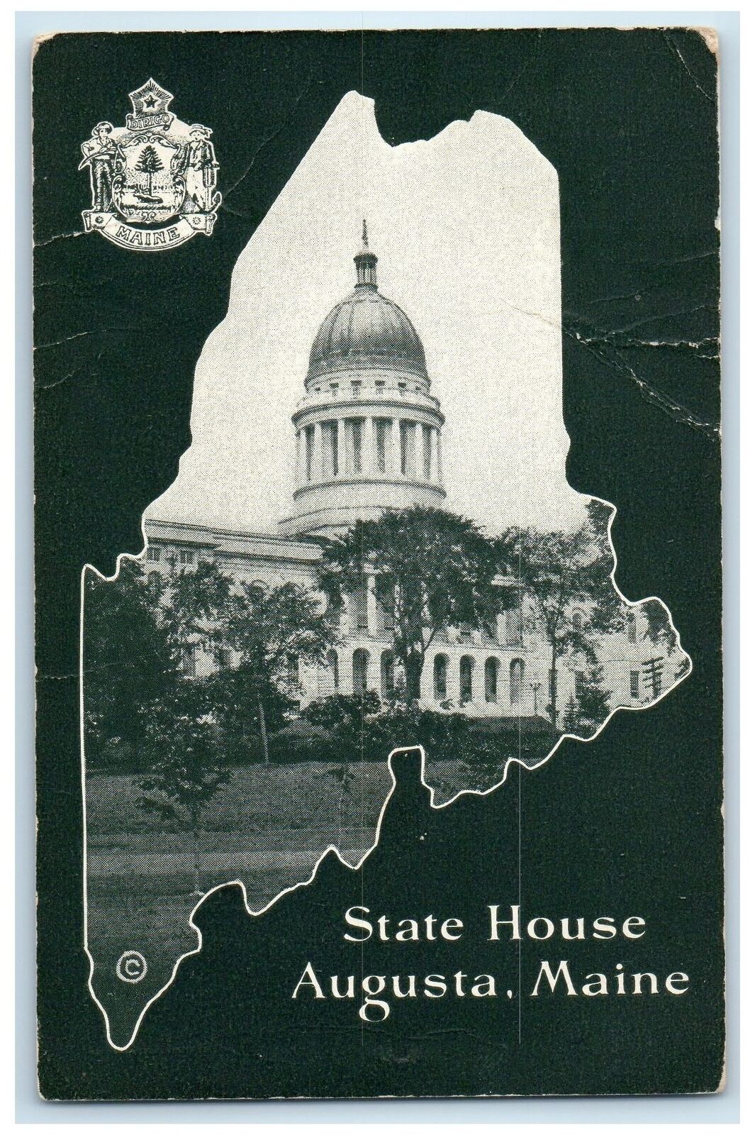 c1950 State House Capitol Building Tower Map Augusta Maine ME Unposted Postcard