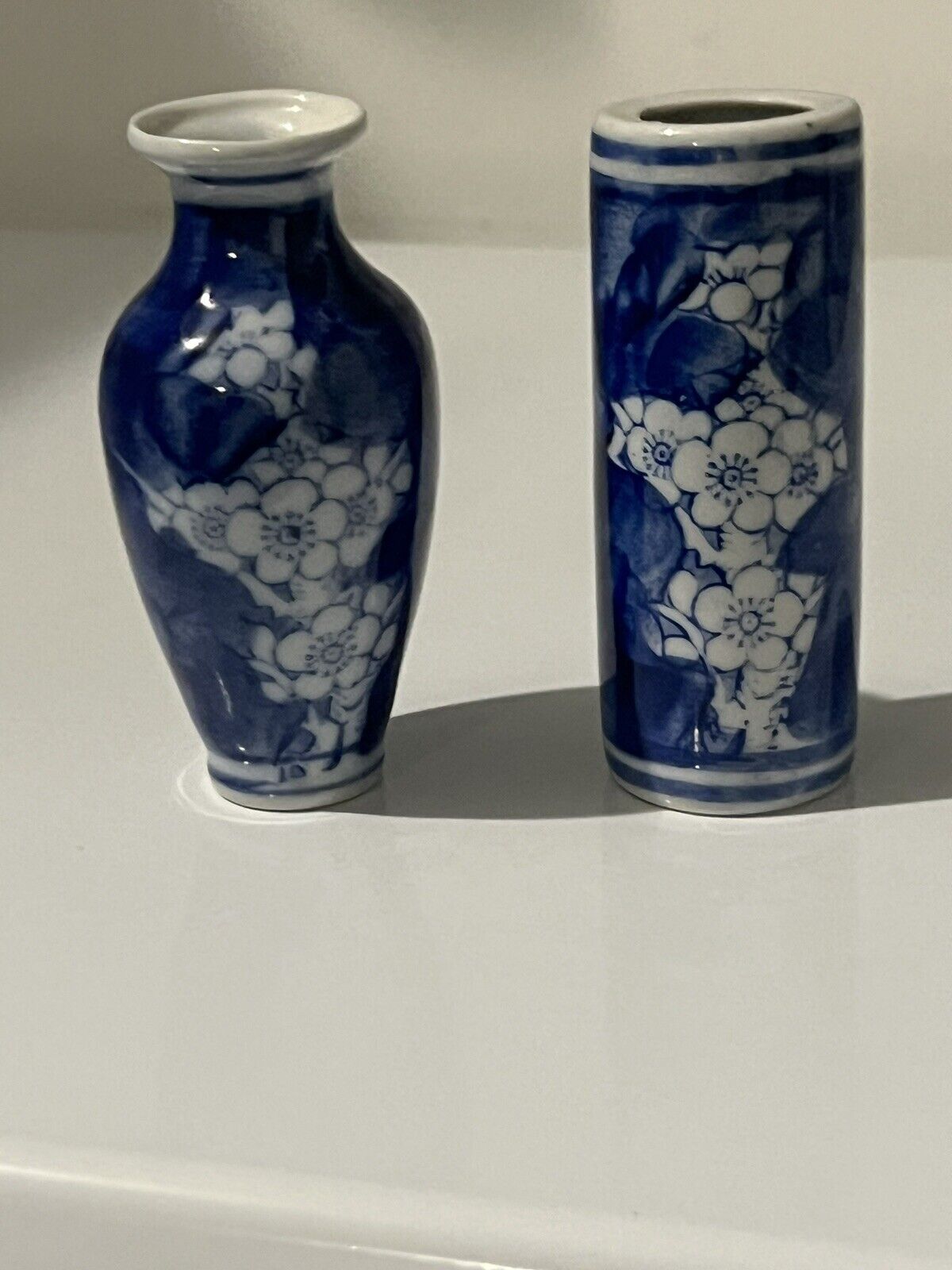 Lot Of 2 Bud Vases 4” Chinese blue & white peach blossom flowers