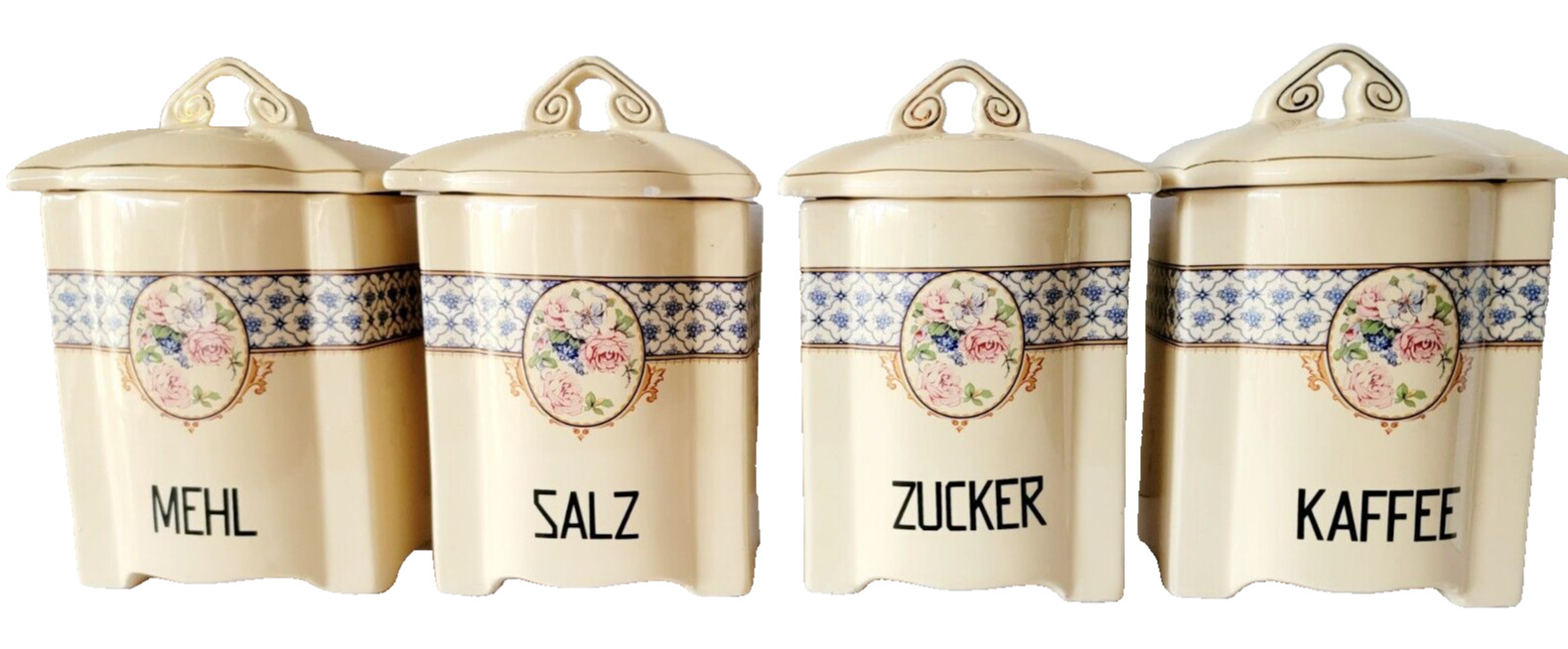 Vintage Antique German Porcelain Canister Set of 4 Mehl Zucker Salz Kaffee Rare
