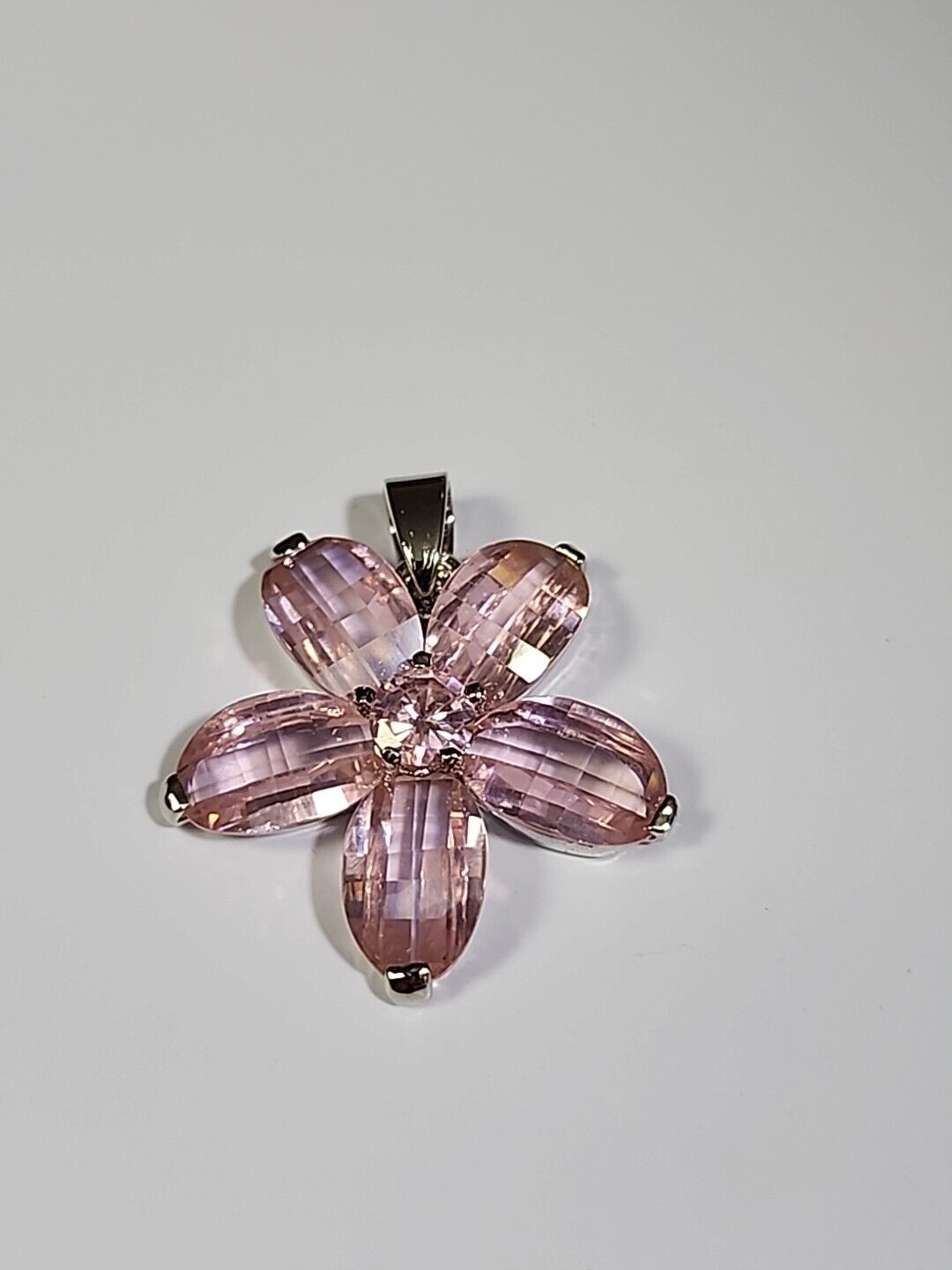 Pink Flower Pendant Silver Color Backing Faceted Faux Crystals