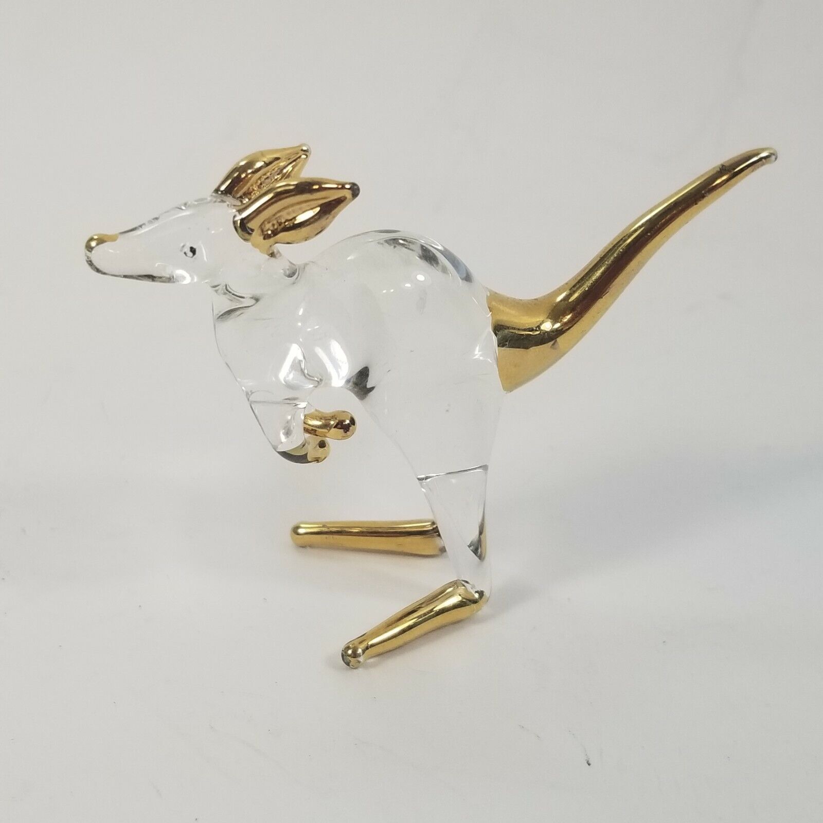 HAND BLOWN ART GLASS KANGAROO 2” Tall CLEAR GOLD TONED ORNAMENT 