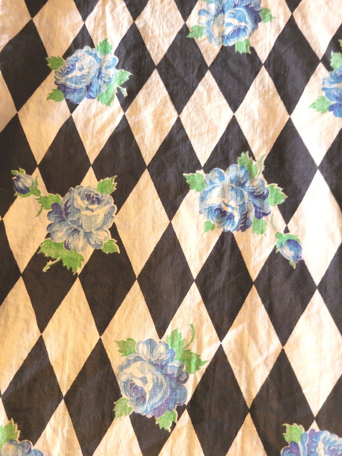 Stunning 1940s mid century mod MCM blue roses black white fabric material funky