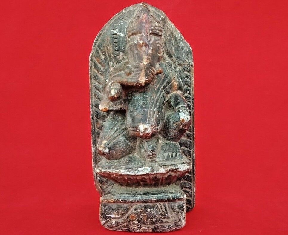 OLD ANTIQUE HAND CARVED GRAY STONE LORD GANESHA FIGURE/STATUE RICH PATINA 08