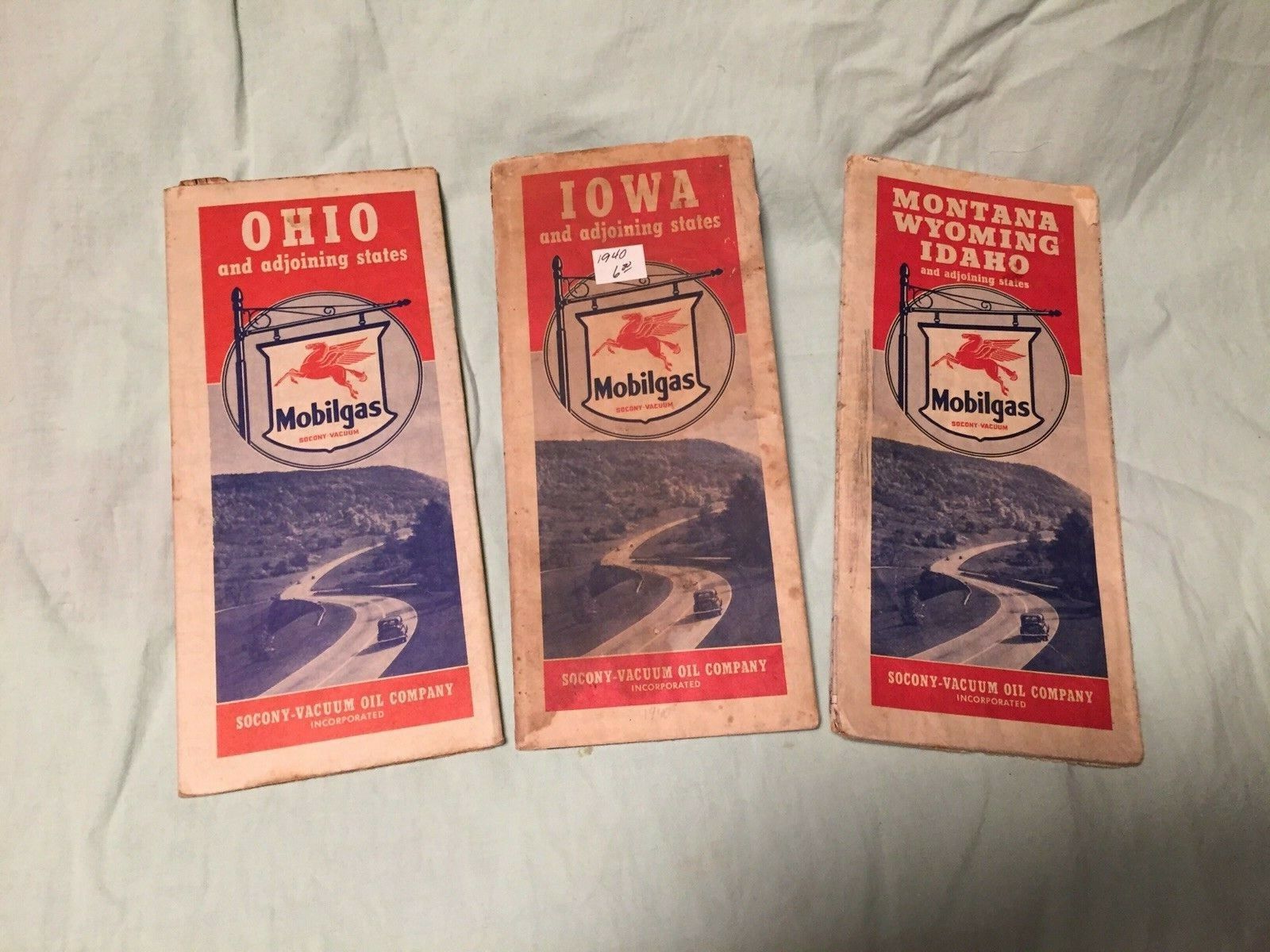Lot of 3 1940s Mobilgas Road Maps US Socony-Vacuum Oil Co. GC with Patina 