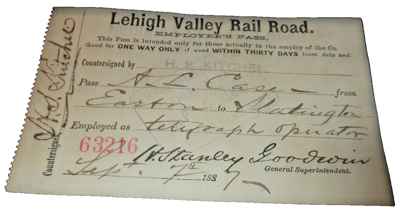 SEPTEMBER 1887 LEHIGH VALLEY RAIL ROAD EMPLOYEE MONTHLY PASS #63216
