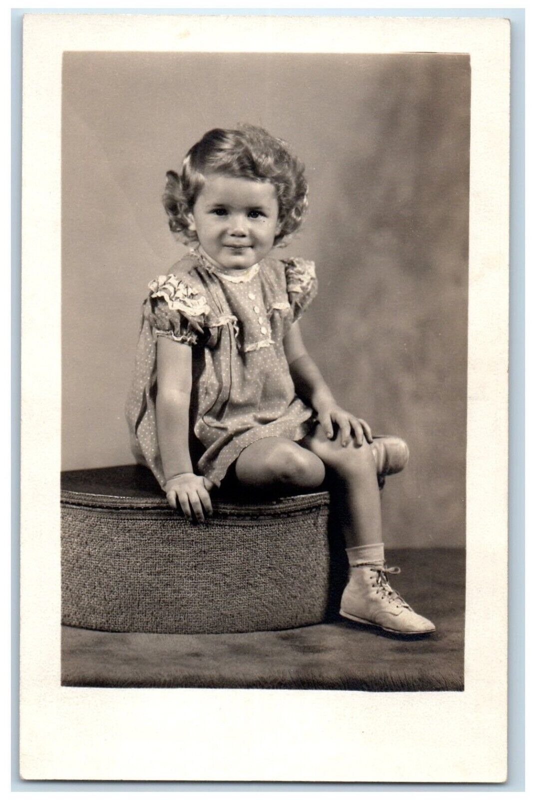 c1940's Cute Little Girl Curly Hair Studio Portrait Vintage RPPC Photo Postcard